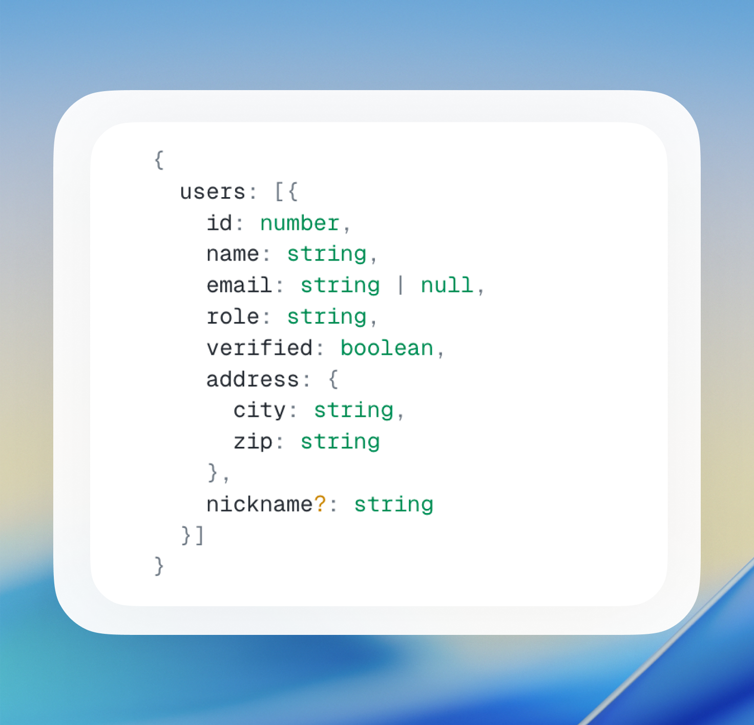 Screenshot: the jsontoschema tool with a large API response on the left and a compact schema on the right